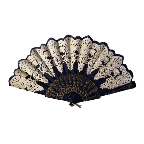 Custom sequin folding fan, blue peacock embroidery — stock design 6