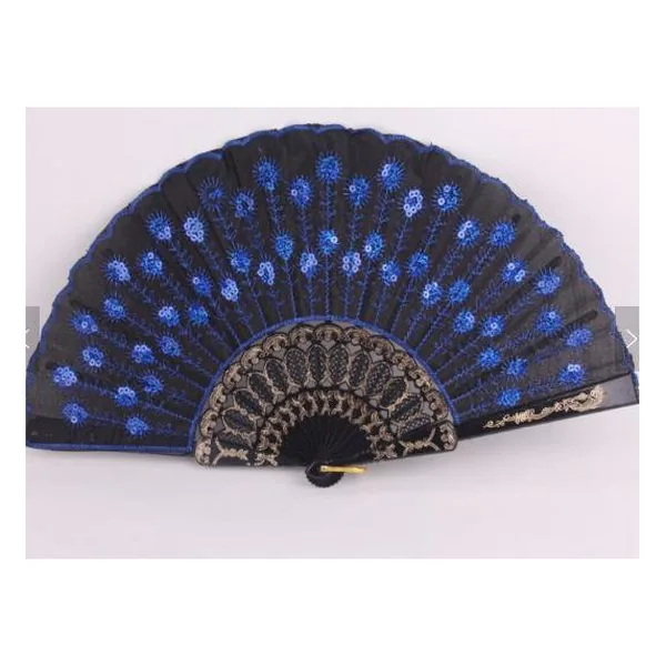 Custom sequin folding fan, blue peacock embroidery