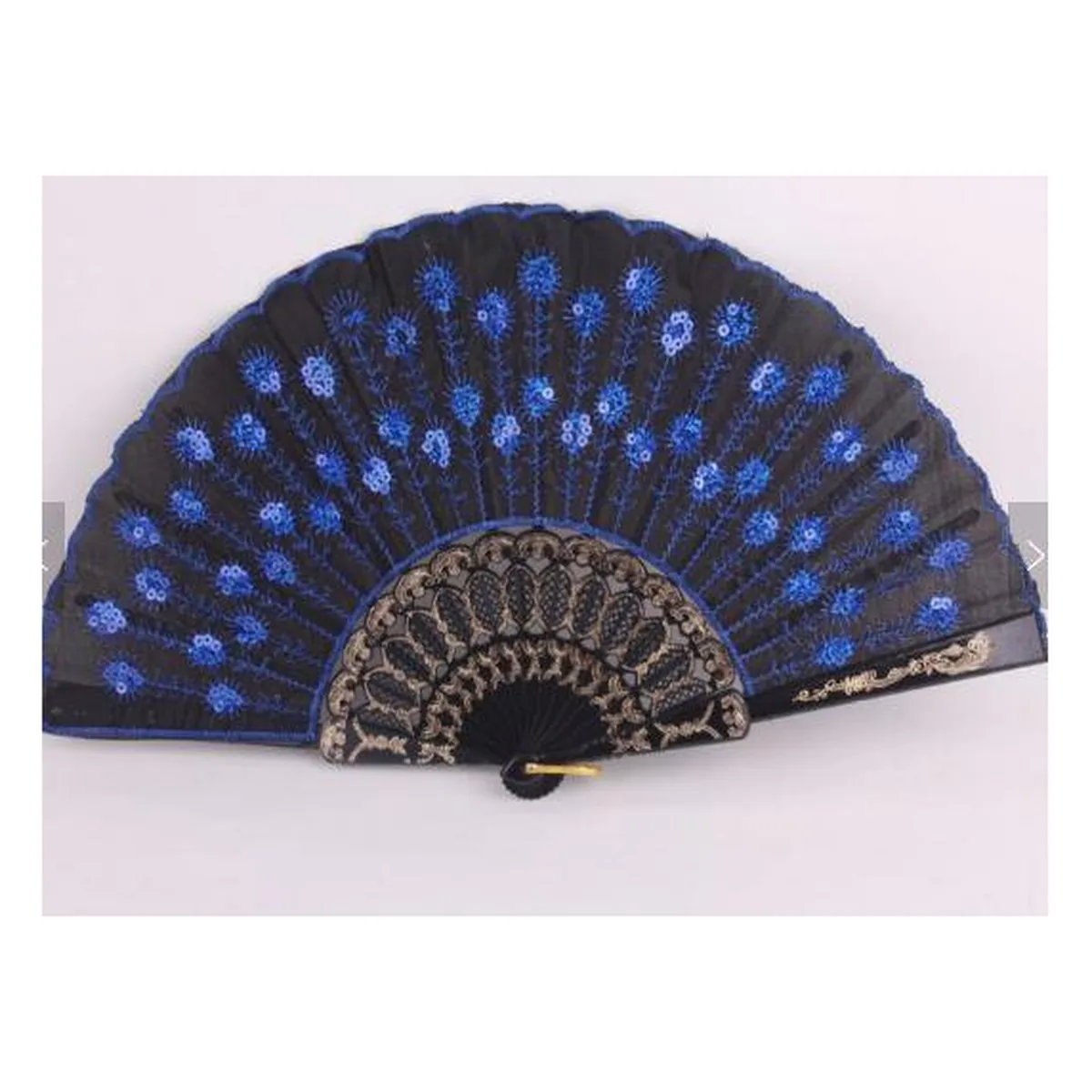 Custom sequin folding fan, blue peacock embroidery — custom printed with a logo
