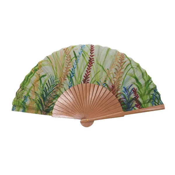 Hand-painted wooden folding fan, botanical, copper ribs