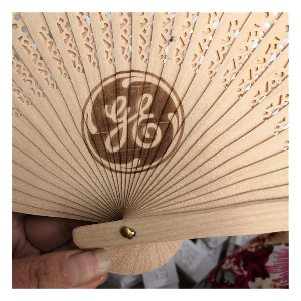 Personalized carved wooden folding fan, openwork blades — design 2
