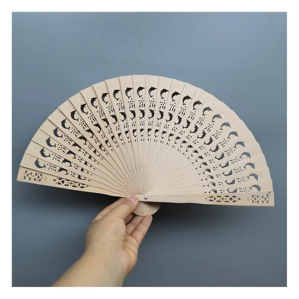 Personalized carved wooden folding fan, openwork blades — design 3