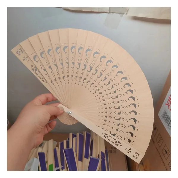 Personalized carved wooden folding fan, openwork blades — stock design 5
