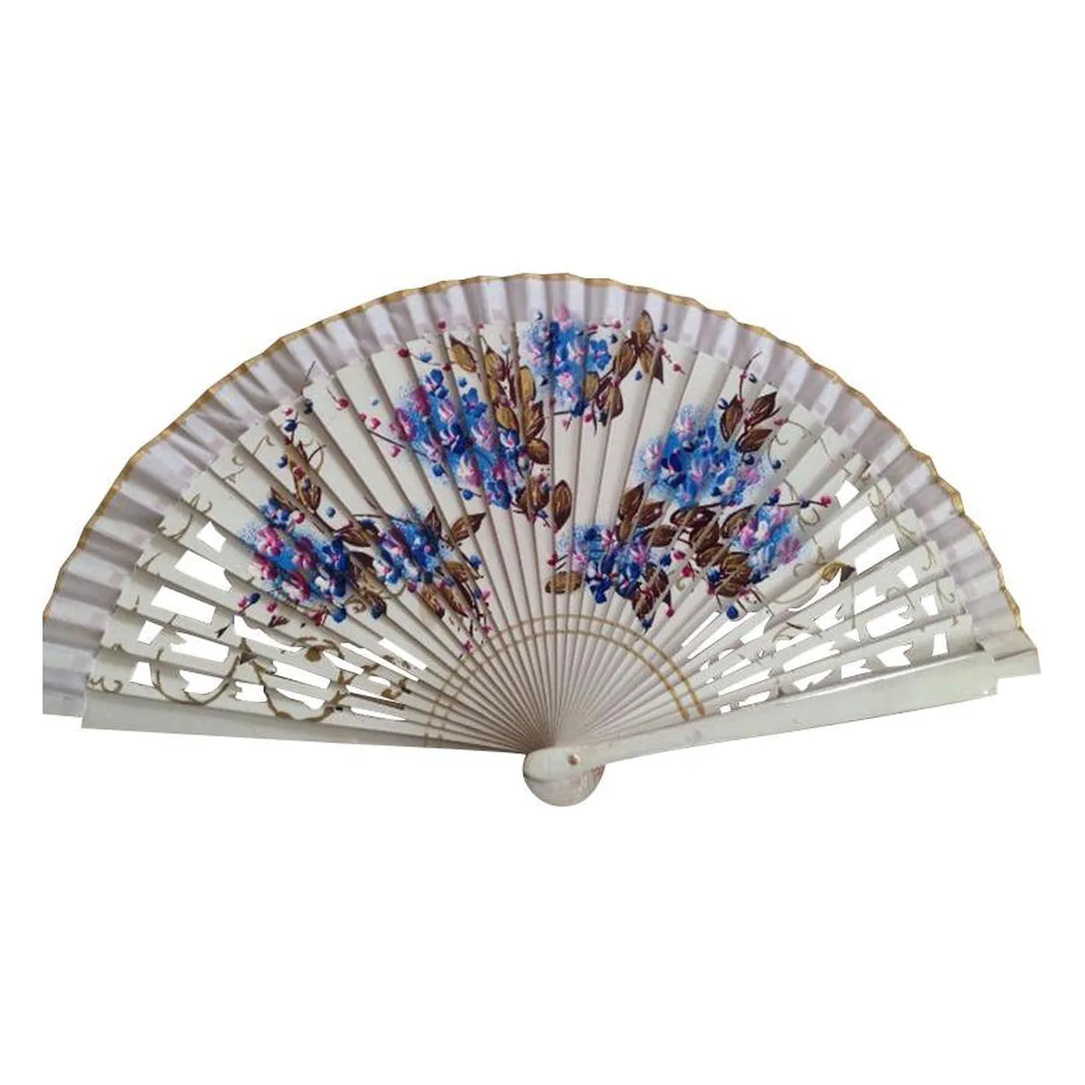 Custom printed wooden folding fan, cream floral — custom printed with a logo