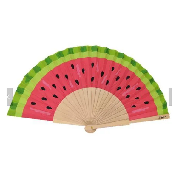 Custom wooden folding fan, geometric print, natural ribs — design 2