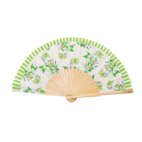 Custom wooden folding fan, geometric print, natural ribs — design 4