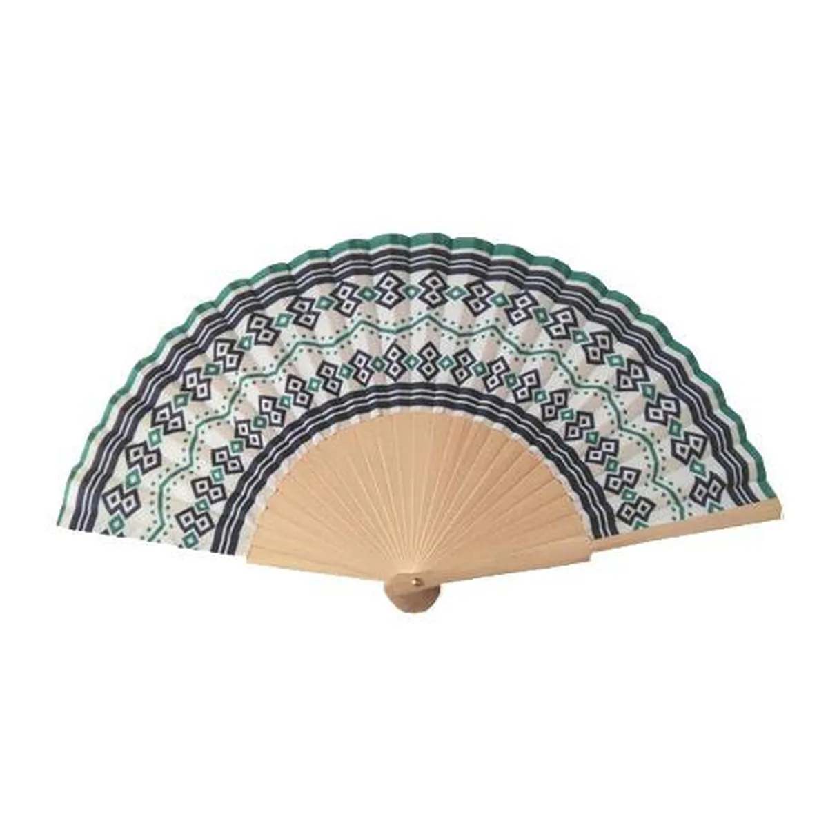 Custom wooden folding fan, geometric print, natural ribs — custom printed with a logo