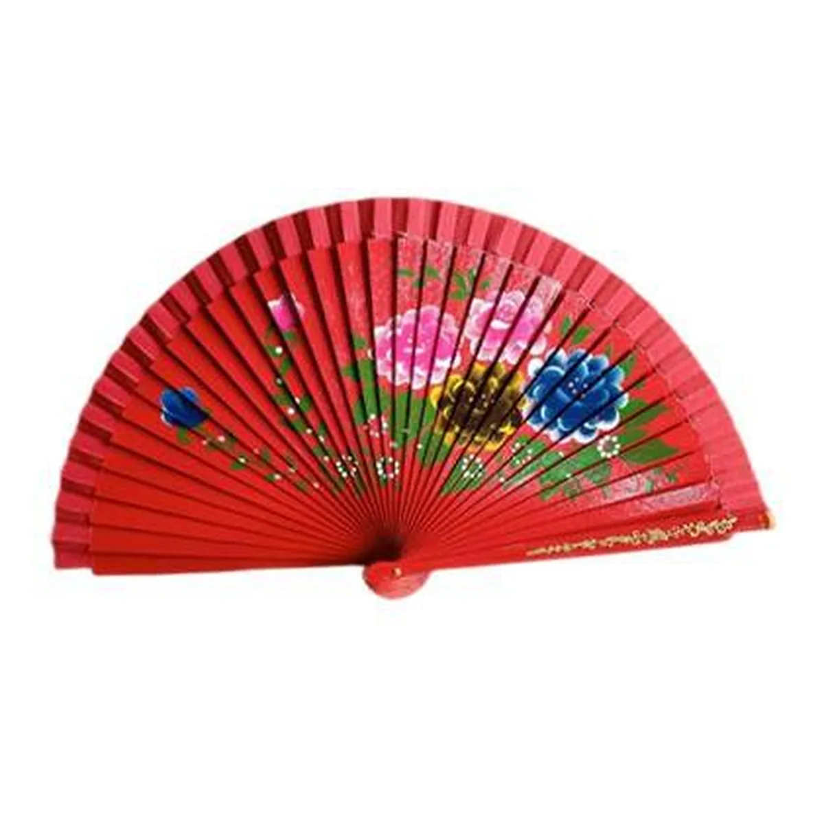 Hand-painted wooden folding fan, red florals — custom printed with a logo
