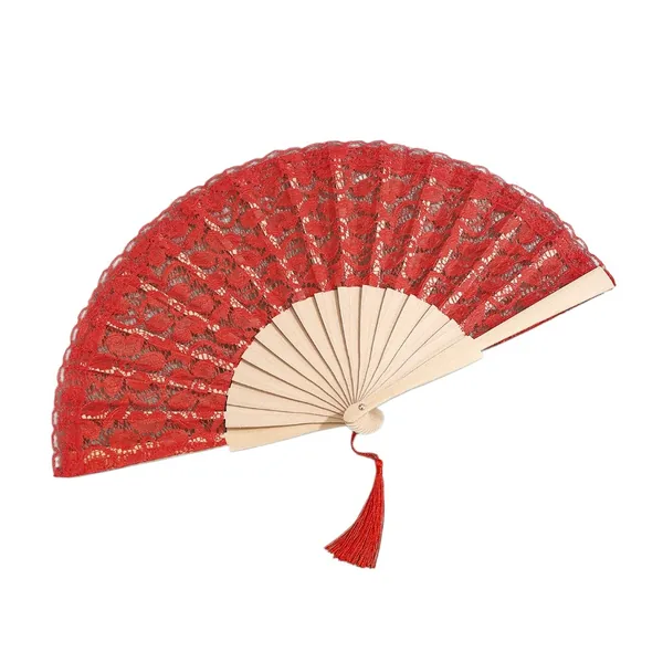 Custom lace folding fan with tassel, wooden ribs, 9 colours — design 3