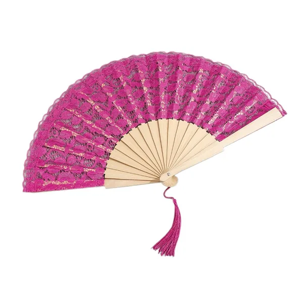 Custom lace folding fan with tassel, wooden ribs, 9 colours — stock design 6