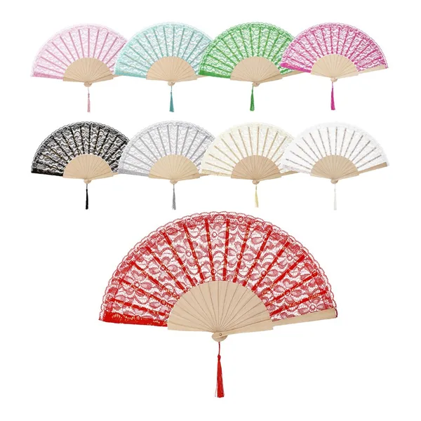 Custom lace folding fan with tassel, wooden ribs, 9 colours