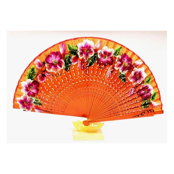 Openwork wooden folding fan 23 cm, floral print — design 2