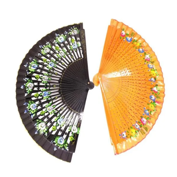 Openwork wooden folding fan 23 cm, floral print