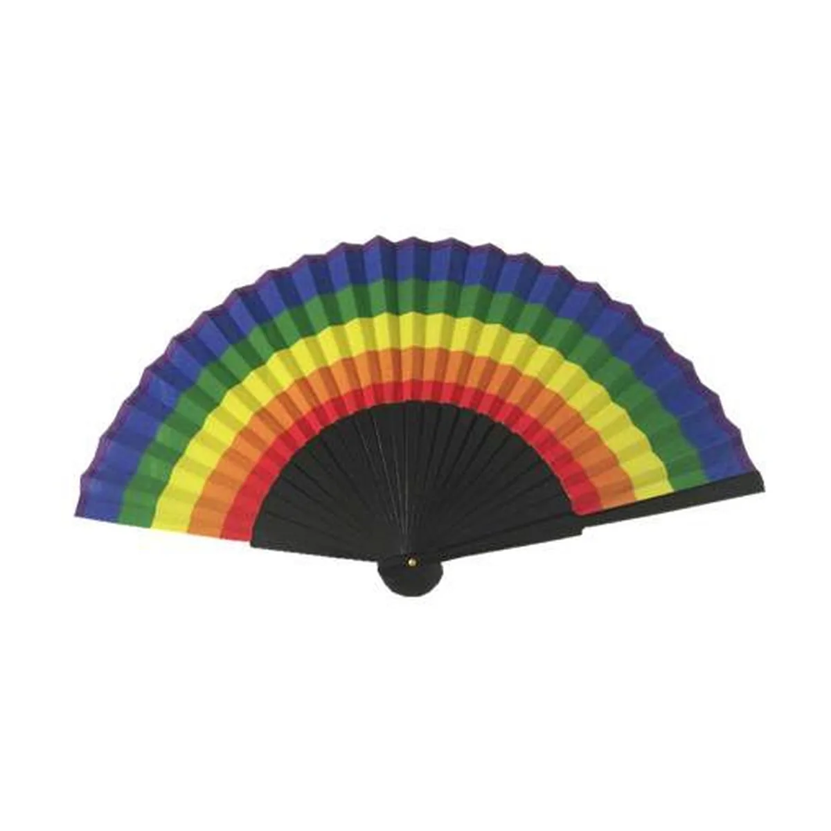 Rainbow wooden folding fan, black ribs — custom printed with a logo