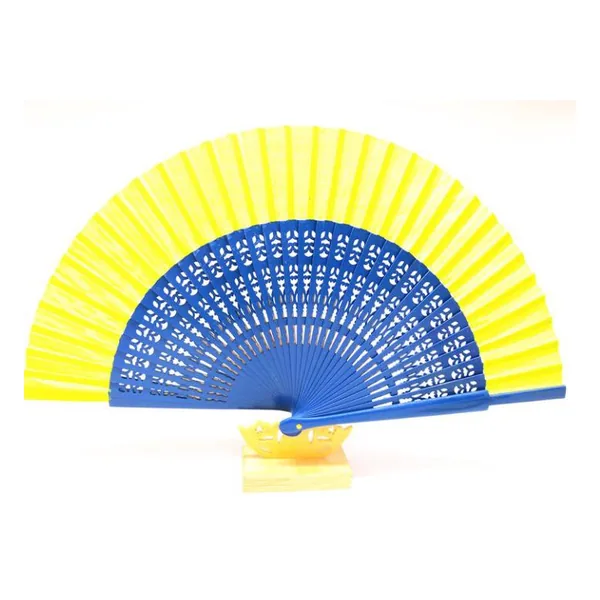 Custom two-tone wooden folding fan, yellow & blue